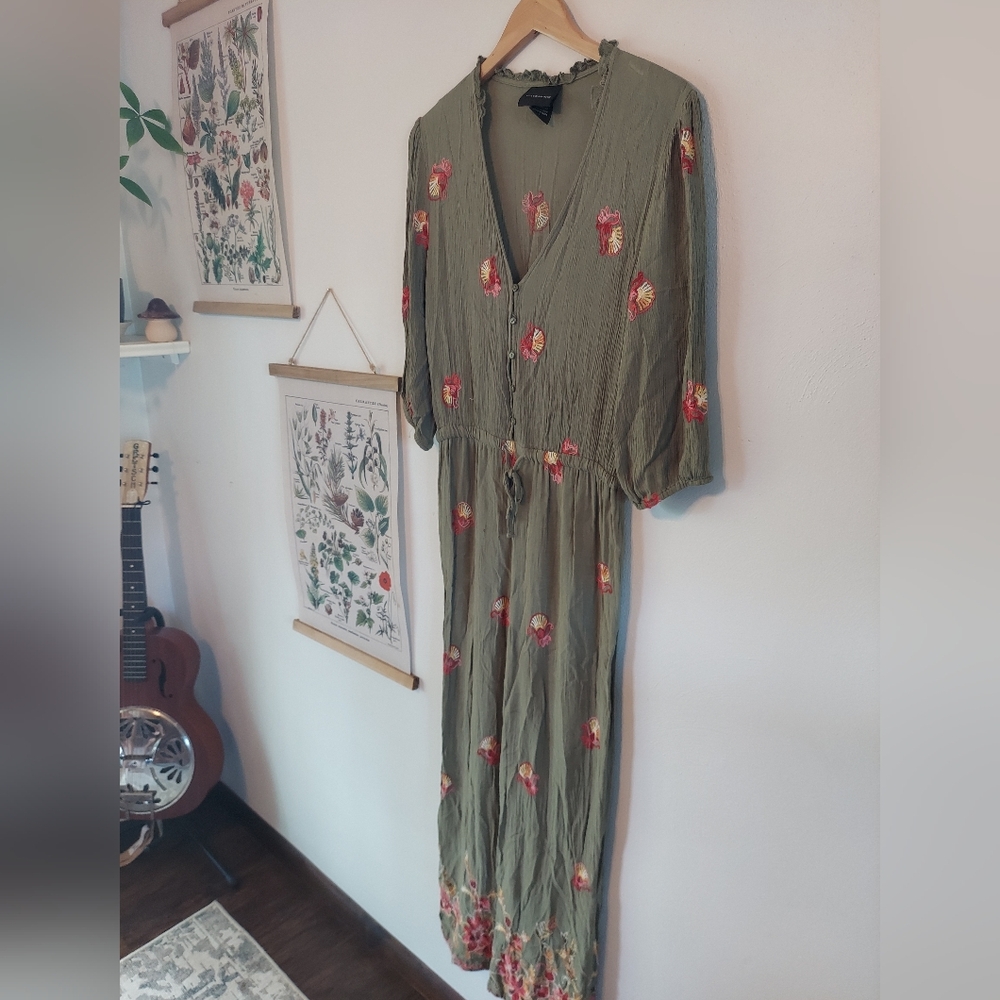 Olive Floral Button-Front V-Neck Jumpsuit